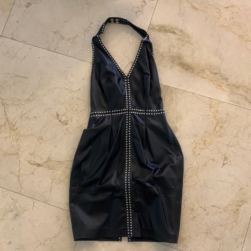 Diesel leather, halter mini dress.